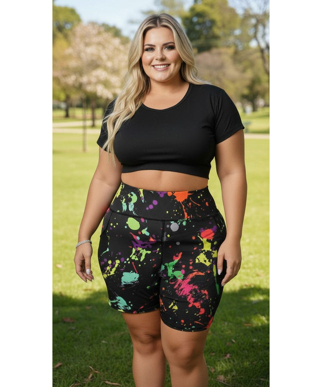 KissICON Vibrant Paint Splash High-Waist Cycling Shorts – Plus Size Activewear