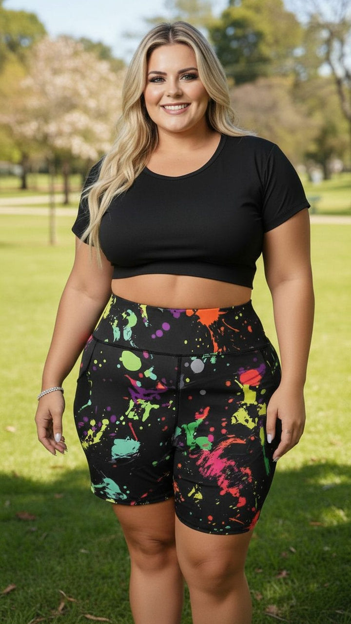 Vibrant Paint Splash High-Waist Cycling Shorts – Plus Size Activewear