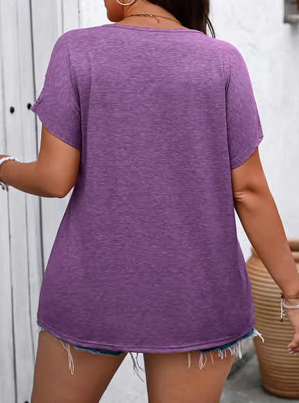 jkthpu-45 Vibrant Plus Size Cut-Out Sleeve V-Neck T-Shirt -