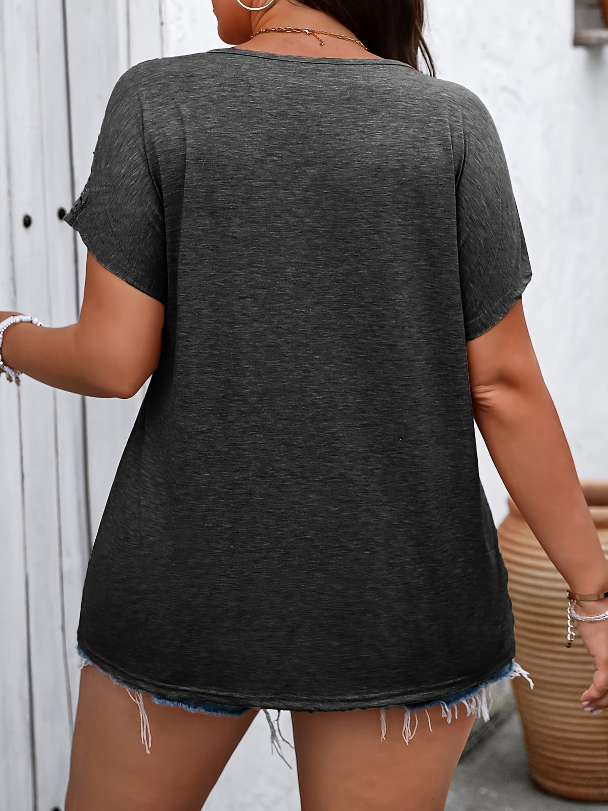 jkthpu-45 Vibrant Plus Size Cut-Out Sleeve V-Neck T-Shirt -