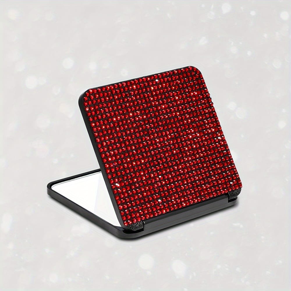jkthpu-45 Vibrant Red Square Folding Mirror Sparkling Rhinestone Folding Makeup Mirror  Portable DualSided Beauty