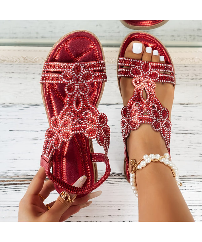 jkthpu-45 Vibrant Red / UK 3.5 Bohemian Floral Rhinestone Flat Sandals for Summer Vacations
