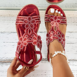 jkthpu-45 Vibrant Red / UK 9 Bohemian Floral Rhinestone Flat Sandals for Summer Vacations