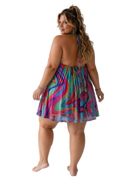 KissICON Dresses Vibrant Swirl Halter Mini Dress for SpringSummer Beach