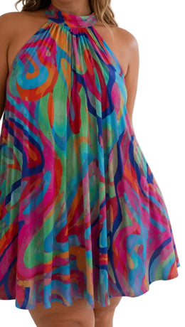 KissICON Dresses Vibrant Swirl Halter Mini Dress for SpringSummer Beach