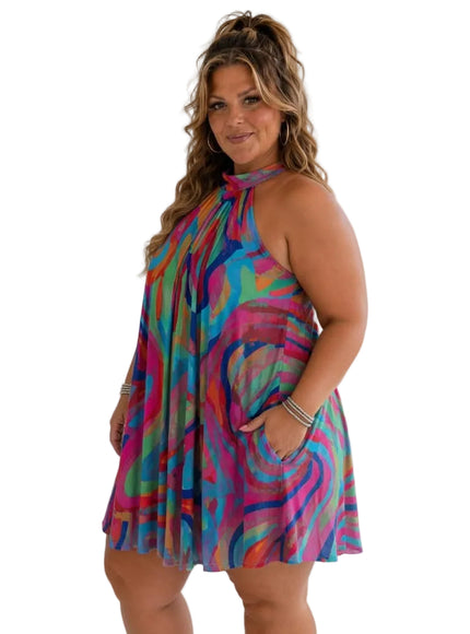 KissICON Dresses Vibrant Swirl Halter Mini Dress for SpringSummer Beach
