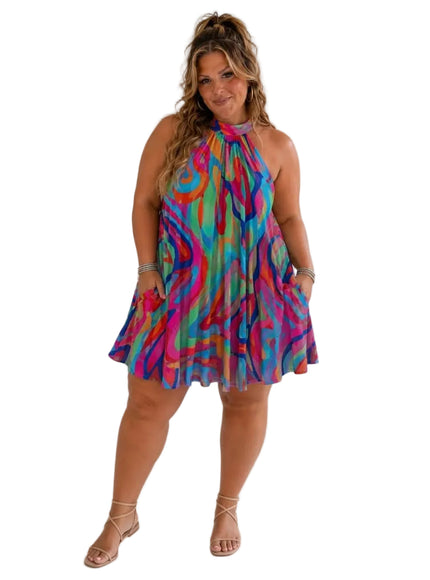KissICON Dresses Vibrant Swirl Halter Mini Dress for SpringSummer Beach