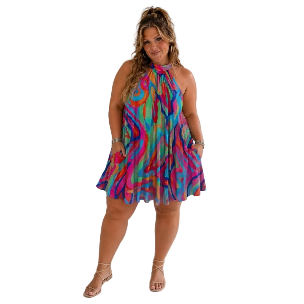 KissICON Dresses Vibrant Swirl Halter Mini Dress for SpringSummer Beach