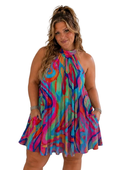 KissICON Dresses Vibrant Swirl Halter Mini Dress for SpringSummer Beach