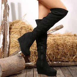 KissICON Vintage Black Faux Suede Wedges Boots Women Sexy