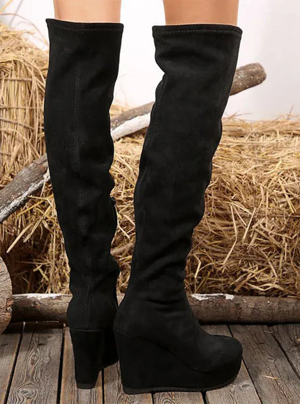 KissICON Vintage Black Faux Suede Wedges Boots Women Sexy