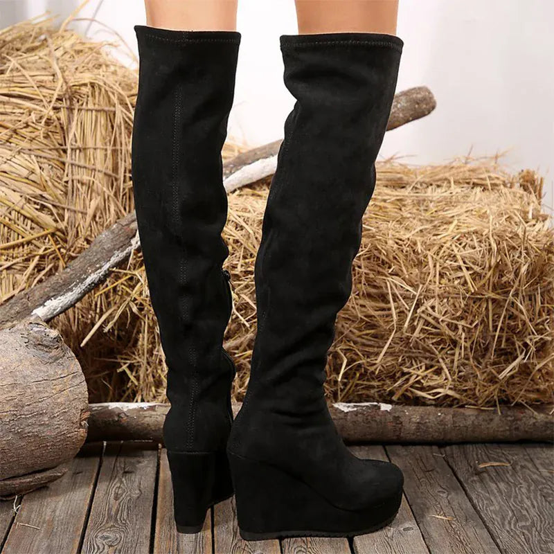 KissICON Vintage Black Faux Suede Wedges Boots Women Sexy