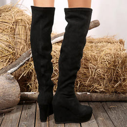 KissICON Vintage Black Faux Suede Wedges Boots Women Sexy