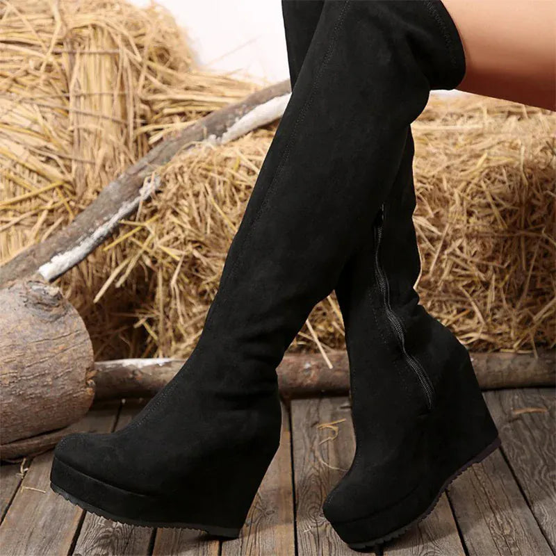 KissICON Vintage Black Faux Suede Wedges Boots Women Sexy