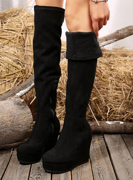 KissICON Vintage Black Faux Suede Wedges Boots Women Sexy