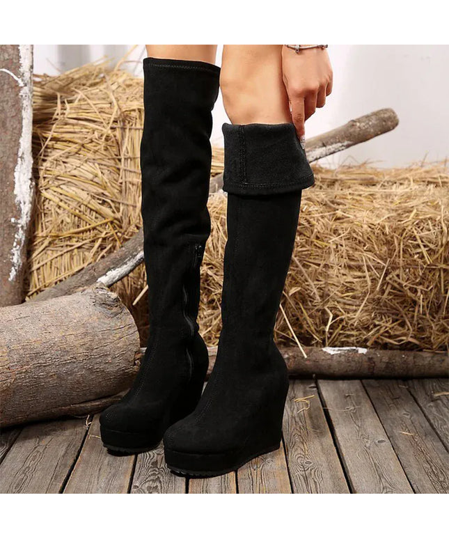 KissICON Vintage Black Faux Suede Wedges Boots Women Sexy