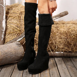 KissICON Vintage Black Faux Suede Wedges Boots Women Sexy