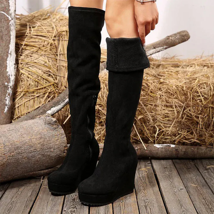 Vintage Black Faux Suede Wedges Boots Women Sexy