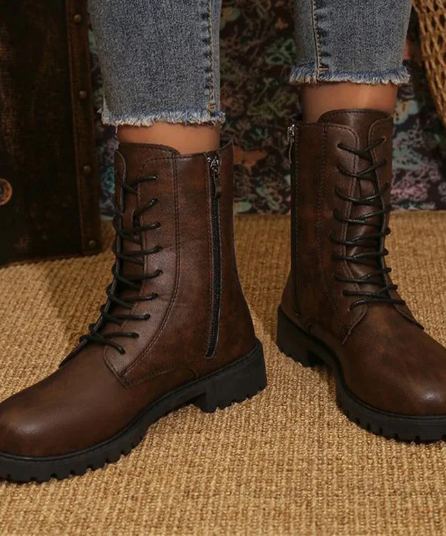 KissICON Vintage Brown Pu Leather Boots for Women Spring