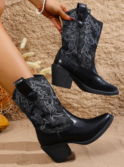 KissICON Vintage Embroidery High Heels Western Boots Women 2025