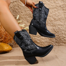 KissICON Vintage Embroidery High Heels Western Boots Women 2025