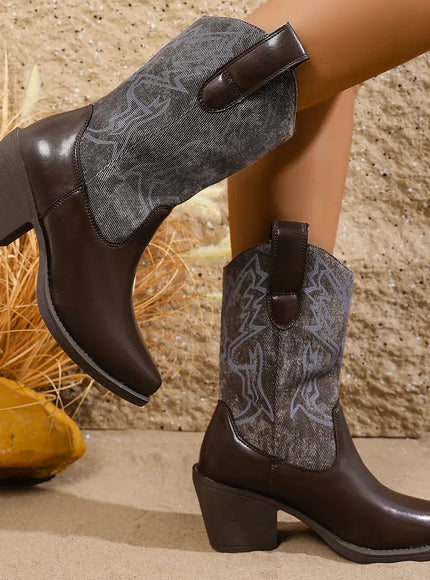 KissICON Vintage Embroidery High Heels Western Boots Women 2025