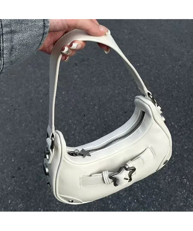 Dropshipman Vintage Korean Casual Cute White Star Shoulder Underarm Tote Bag Ladies Sling Bags Leather Zip Purses  Handbags Women