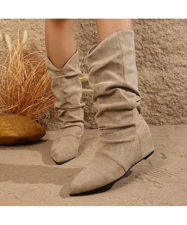 KissICON Vintage Pleated Flat Heels Western Boots Women 2025