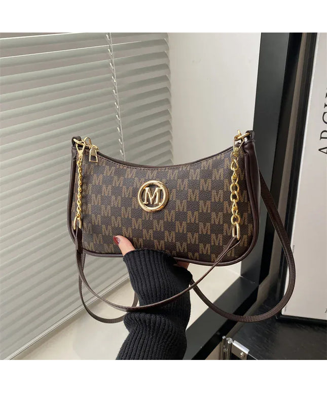 Dropshipman Vintage Style Handbag Crossbody Bag, Gold Letter 'M' Design Pu Leather Shoulder Messenger Bag, Synthetic Leather Tote Bag, Purse