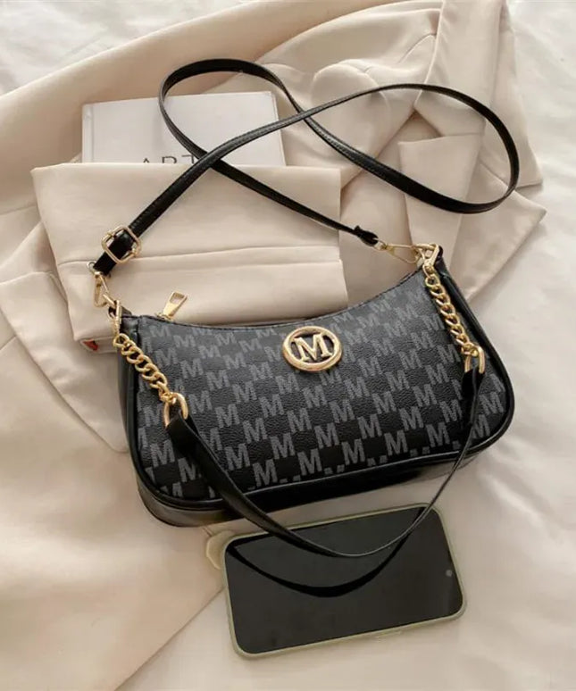 Dropshipman Vintage Style Handbag Crossbody Bag, Gold Letter 'M' Design Pu Leather Shoulder Messenger Bag, Synthetic Leather Tote Bag, Purse