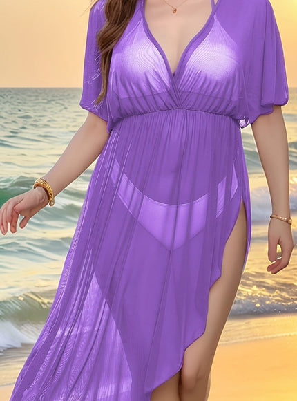 KissICON Violet / UK 16/18 Curve V-Neck Asymmetrical Beach Tunic Dress