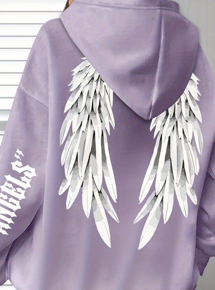 jkthpu-45 Violet / UK 16 Plus Size Angel Wings Print Hoodie - Soft