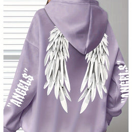 jkthpu-45 Violet / UK 16 Plus Size Angel Wings Print Hoodie - Soft