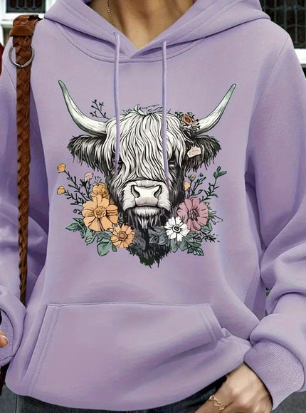 jkthpu-45 Violet / UK 16 Women's Oversized Hoodie with Highland Cow Floral Graphic