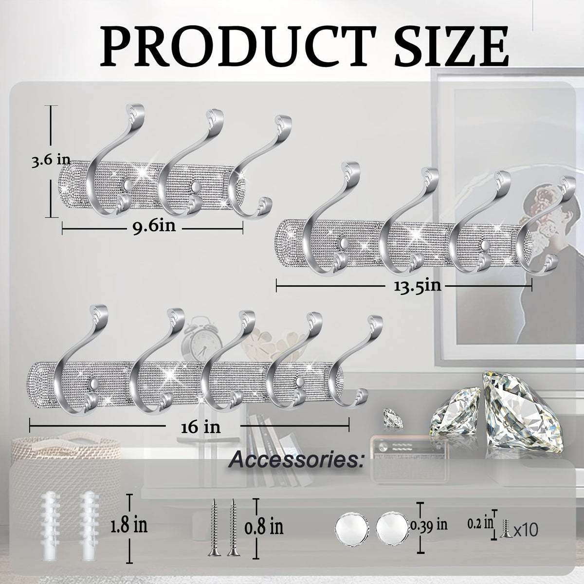 jkthpu-45 Wall-Mounted Hanger - Shiny Silvery Rhinestone - 5 Hooks Wall-Mounted - Key Hook Wall Decoration - Suitable for Hanging Hats, Towels, Wallets, Bathrobes