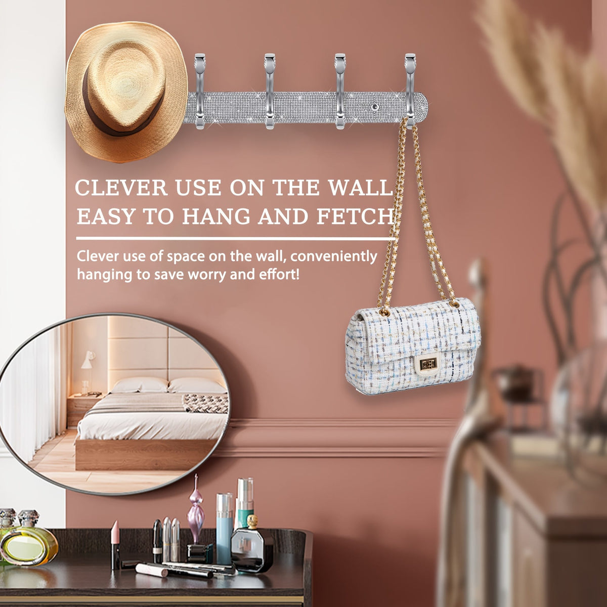 jkthpu-45 Wall-Mounted Hanger - Shiny Silvery Rhinestone - 5 Hooks Wall-Mounted - Key Hook Wall Decoration - Suitable for Hanging Hats, Towels, Wallets, Bathrobes