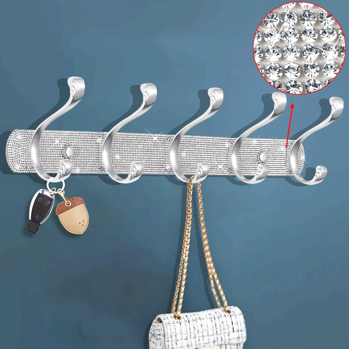 jkthpu-45 Wall-Mounted Hanger - Shiny Silvery Rhinestone - 5 Hooks Wall-Mounted - Key Hook Wall Decoration - Suitable for Hanging Hats, Towels, Wallets, Bathrobes