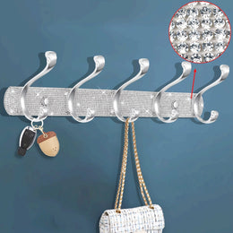 jkthpu-45 Wall-Mounted Hanger - Shiny Silvery Rhinestone - 5 Hooks Wall-Mounted - Key Hook Wall Decoration - Suitable for Hanging Hats, Towels, Wallets, Bathrobes
