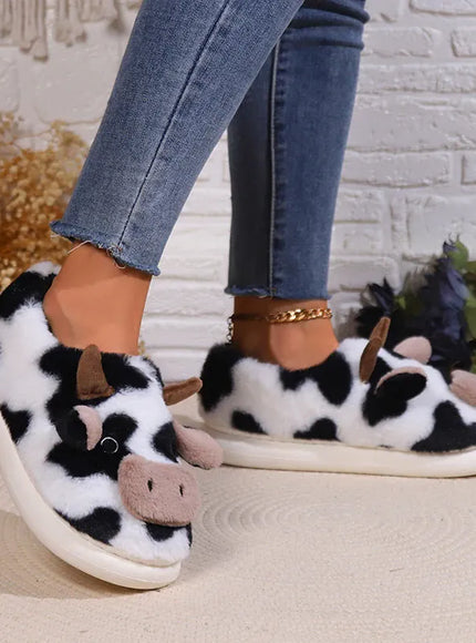 KissICON Warm Fluffy Women's Cow Slippers Winter Bag Heel