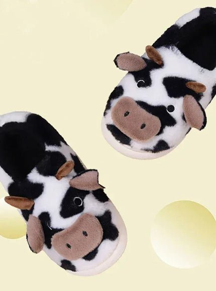 KissICON Warm Fluffy Women's Cow Slippers Winter Bag Heel