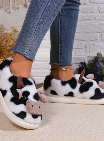 KissICON Warm Fluffy Women's Cow Slippers Winter Bag Heel