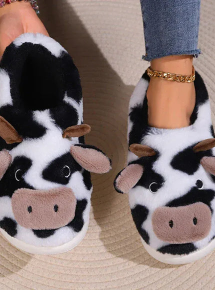 KissICON Warm Fluffy Women's Cow Slippers Winter Bag Heel