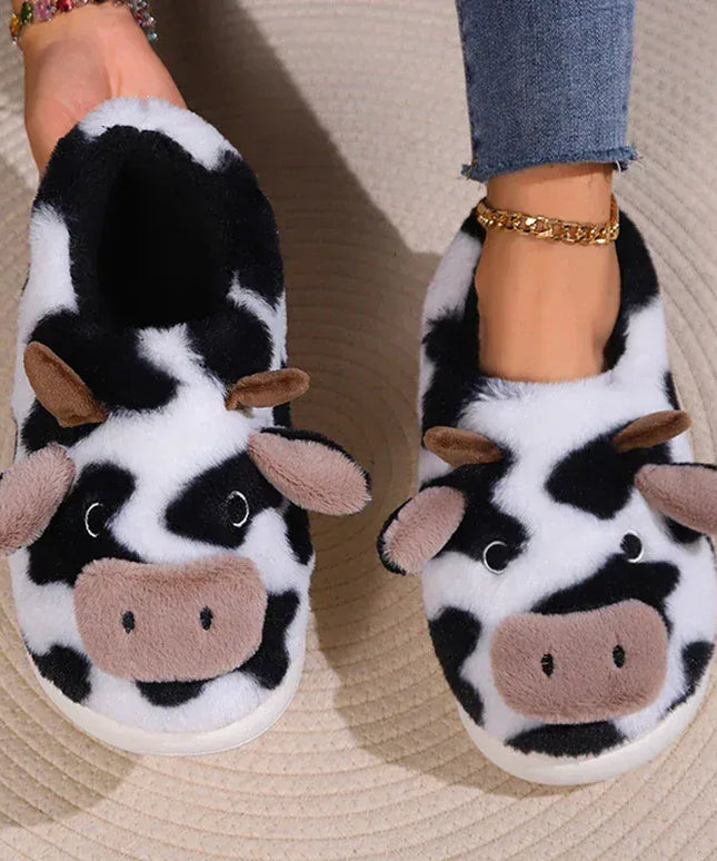 KissICON Warm Fluffy Women's Cow Slippers Winter Bag Heel