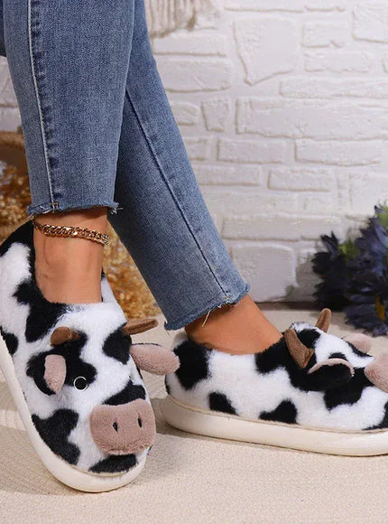 KissICON Warm Fluffy Women's Cow Slippers Winter Bag Heel