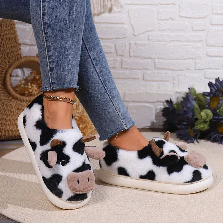 Warm Fluffy Women's Cow Slippers Winter Bag Heel