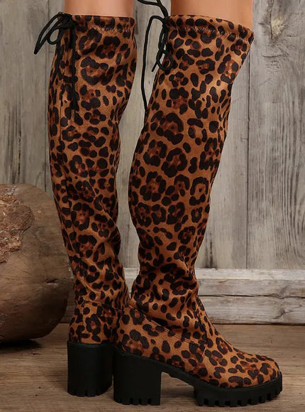 KissICON Western Brown Leopard Thigh High Boots for Women