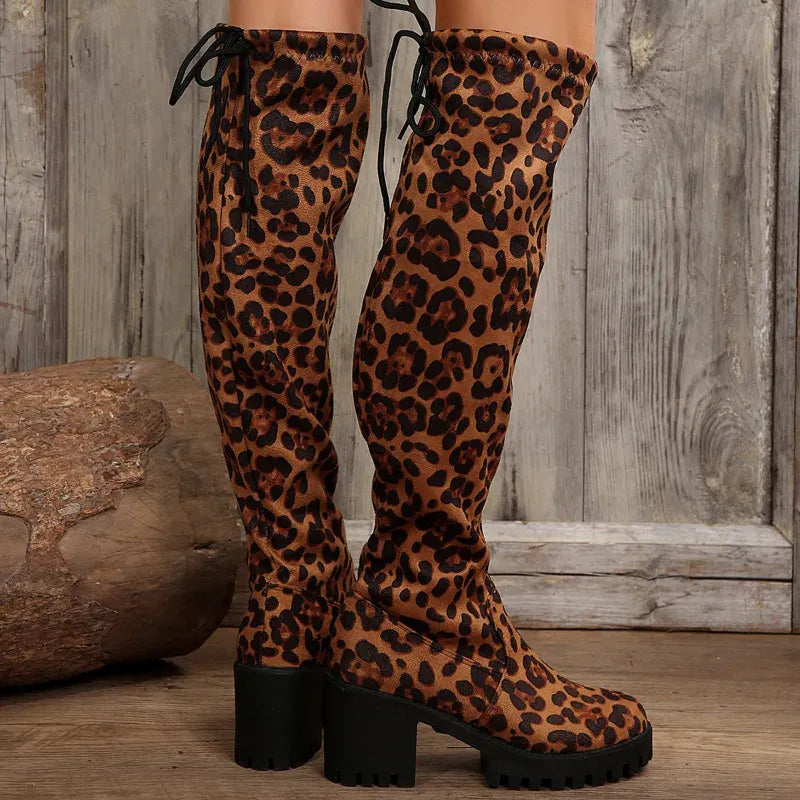 KissICON Western Brown Leopard Thigh High Boots for Women