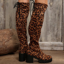 KissICON Western Brown Leopard Thigh High Boots for Women