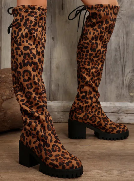 KissICON Western Brown Leopard Thigh High Boots for Women