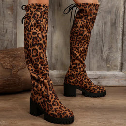 KissICON Western Brown Leopard Thigh High Boots for Women